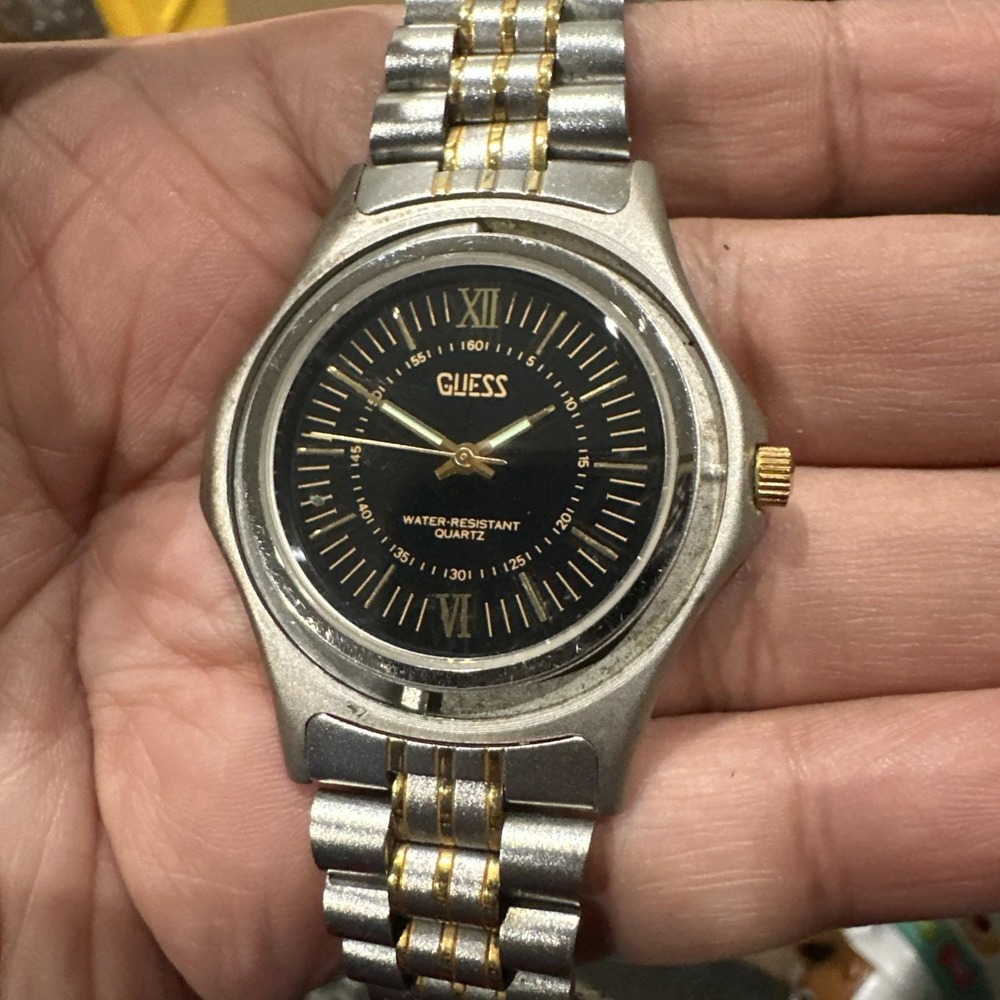 Working Vintage‎ 1980s Guess unisex Watch Two Tone Steel Quartz 42mm Fit 7.5in